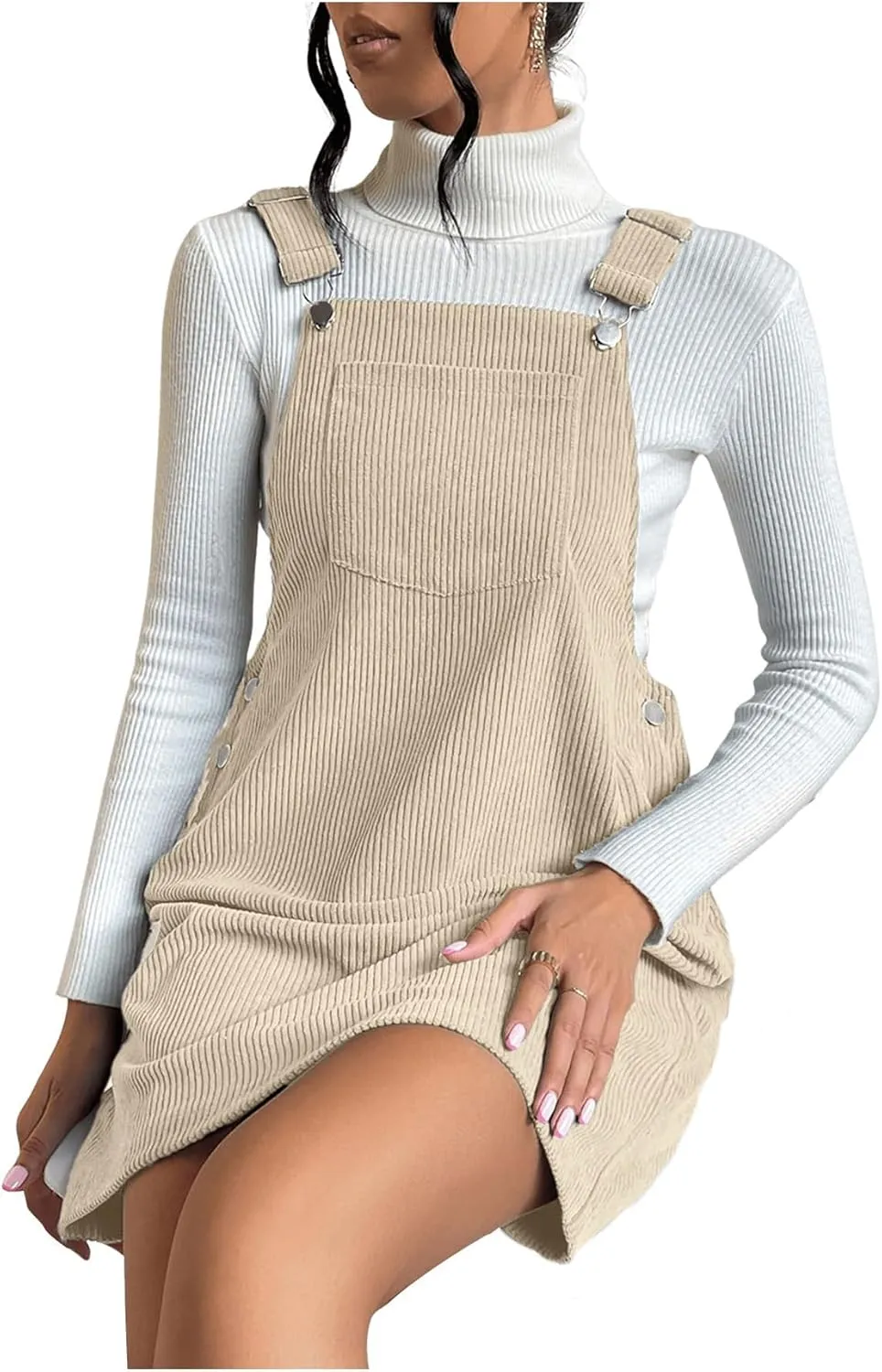 Milumia Women's Corduroy Button Front Straight Pinafore Overall Mini Dress with Pocket