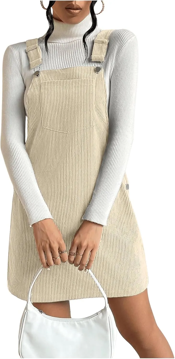 Milumia Women's Corduroy Button Front Straight Pinafore Overall Mini Dress with Pocket