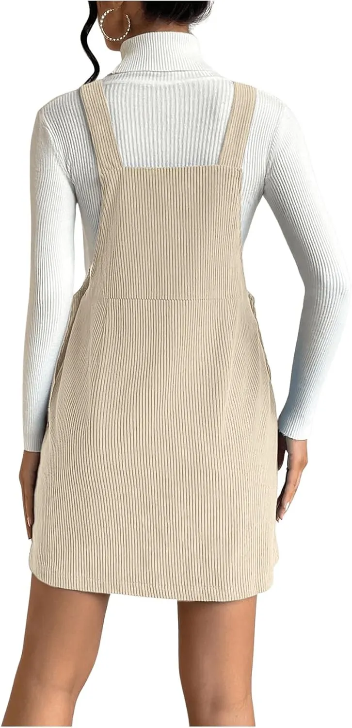 Milumia Women's Corduroy Button Front Straight Pinafore Overall Mini Dress with Pocket