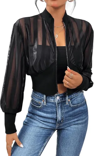 Milumia Women's Striped Lightweigh Sheer Mesh Crop Bomber Jacket