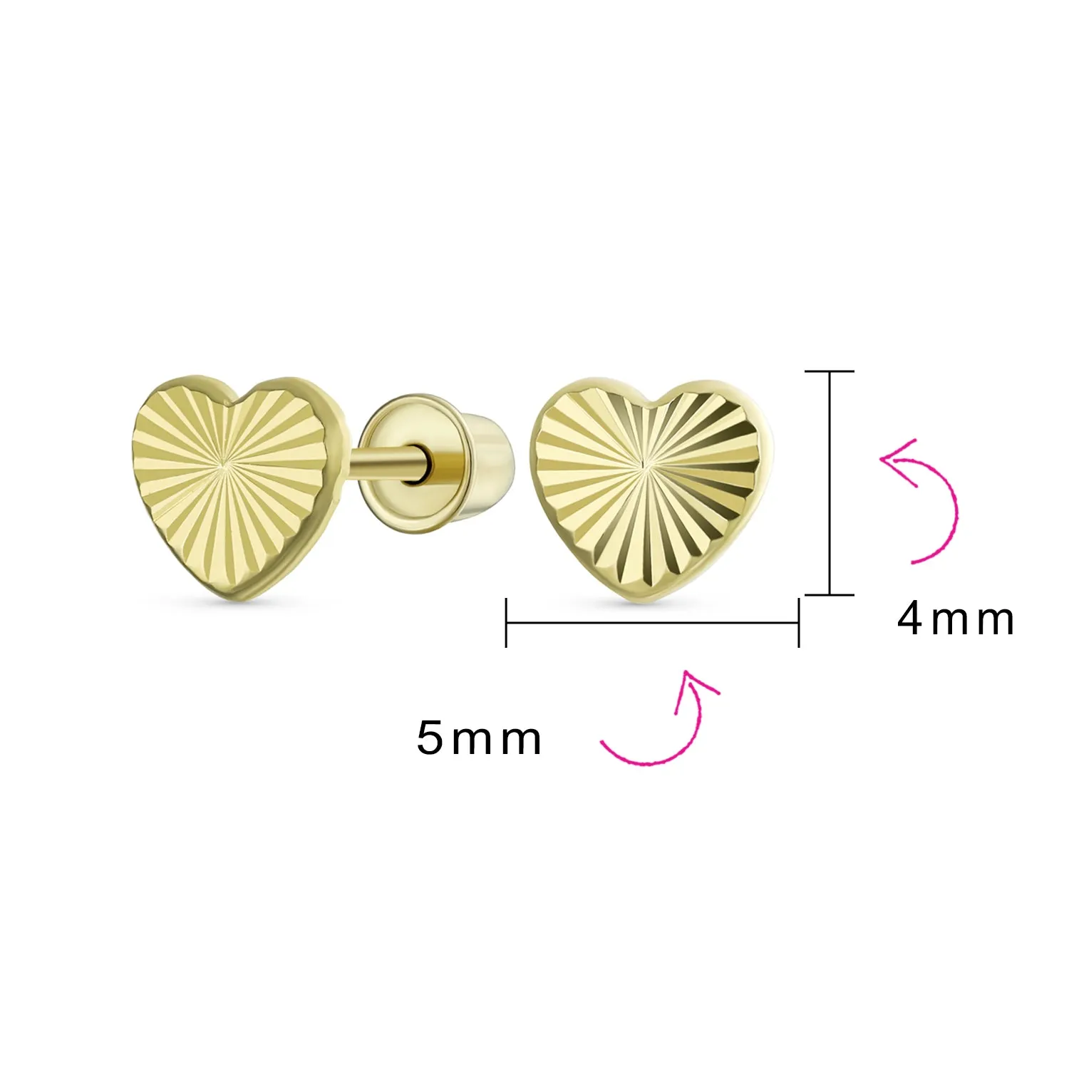 Minimalist 10K Yellow Gold Heart Stud Earrings with Secure Screw Back, 4MM
