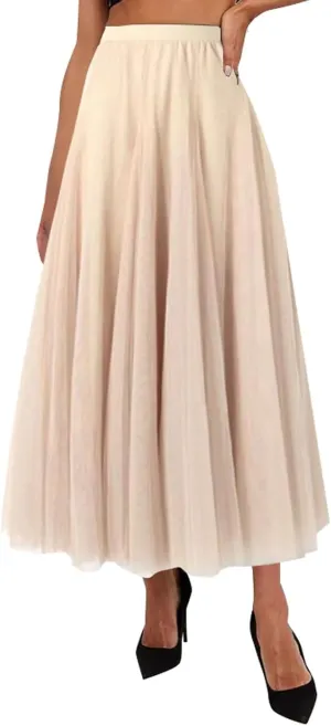 Miyaomn Womens Mesh Tutu Skirt Layered Tulle Elastic High Waisted Fairy Skirts Fluffy Irregular Hem Pleated A-line Midi Skirt