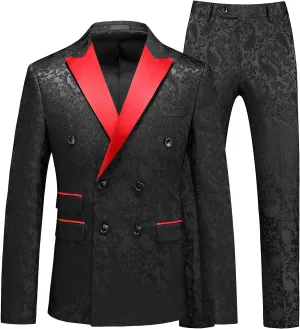 MOGU Mens 2 Piece Double Breasted Tuxedo Slim Fit Jacquard Floral Vintage Groomsmen Wedding Prom Suit