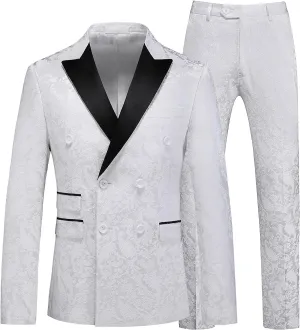 MOGU Mens 2 Piece Double Breasted Tuxedo Slim Fit Jacquard Floral Vintage Groomsmen Wedding Prom Suit