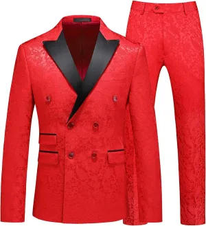 MOGU Mens 2 Piece Double Breasted Tuxedo Slim Fit Jacquard Floral Vintage Groomsmen Wedding Prom Suit