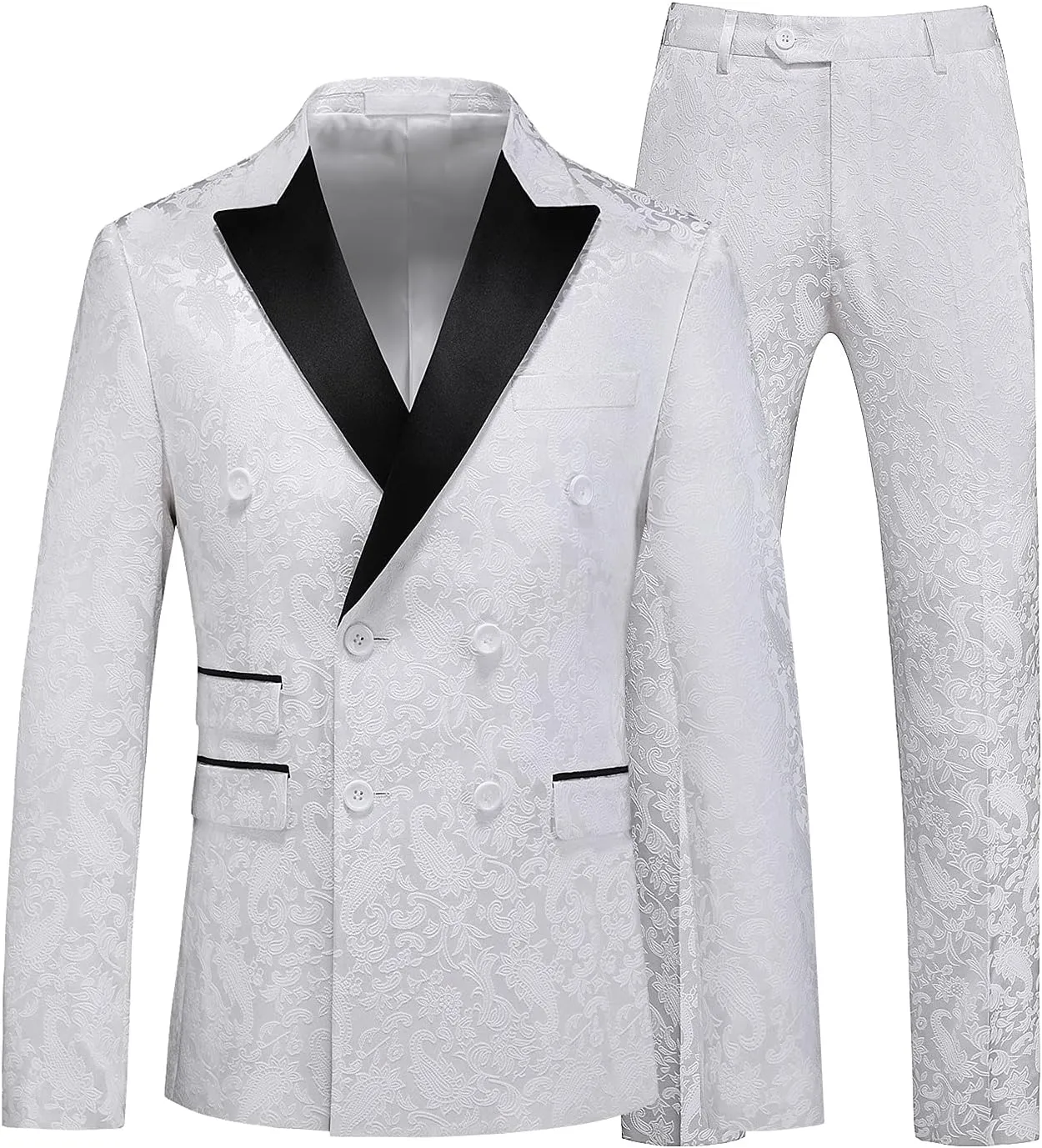 MOGU Mens 2 Piece Double Breasted Tuxedo Slim Fit Jacquard Floral Vintage Groomsmen Wedding Prom Suit