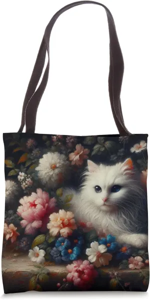Moody Floral Cat Theme Decor Tote Bag