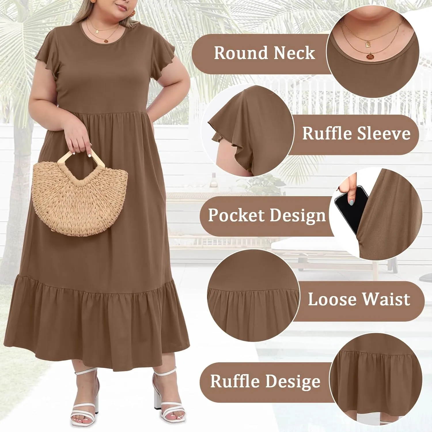 Moon Wood Women's 2025 Plus Size Casual Dress Crew Neck Ruffle Short Sleeve Summer Maxi Dresses with Pockets