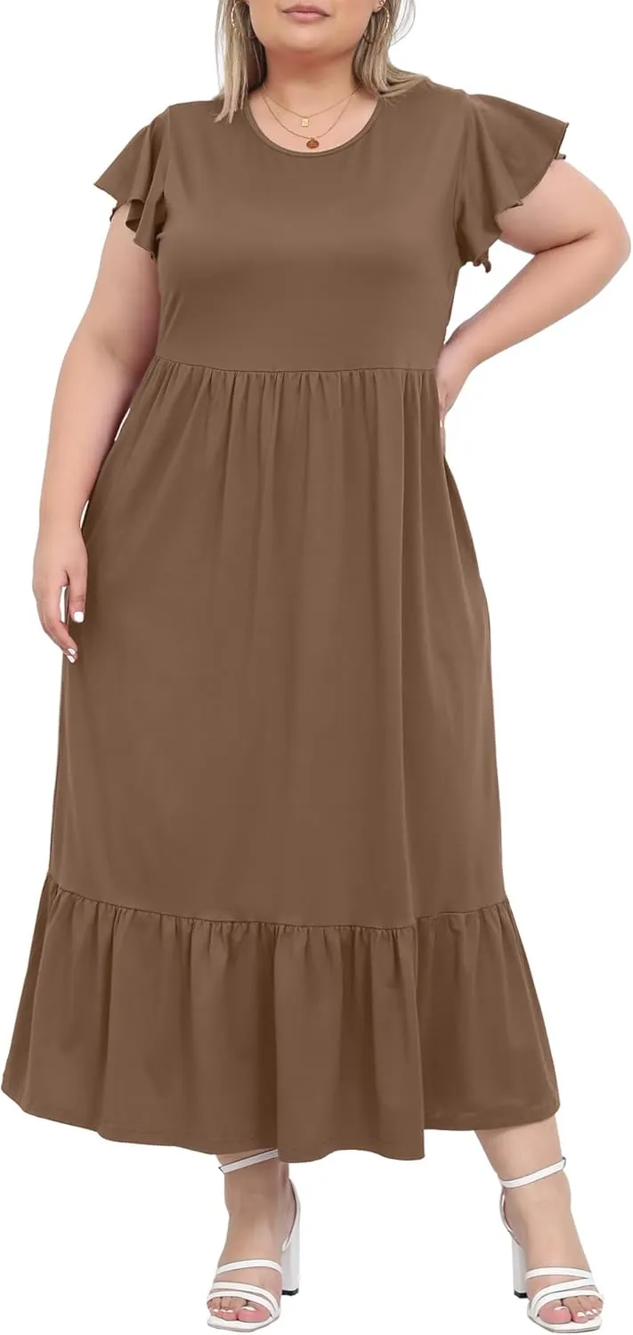 Moon Wood Women's 2025 Plus Size Casual Dress Crew Neck Ruffle Short Sleeve Summer Maxi Dresses with Pockets