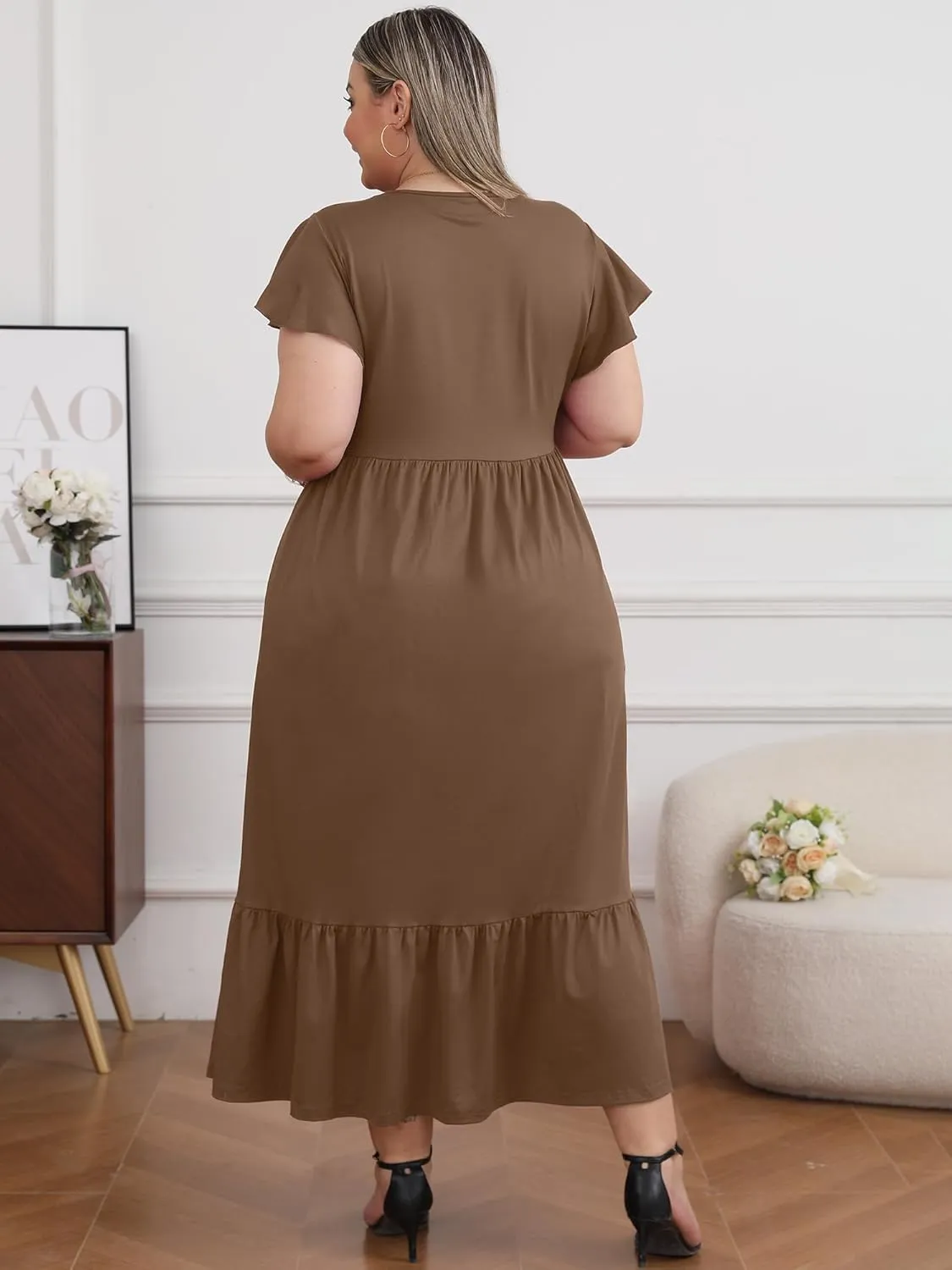Moon Wood Women's 2025 Plus Size Casual Dress Crew Neck Ruffle Short Sleeve Summer Maxi Dresses with Pockets