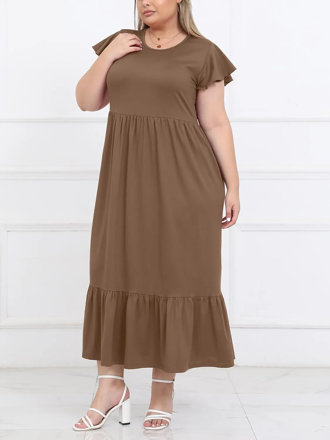 Moon Wood Women's 2025 Plus Size Casual Dress Crew Neck Ruffle Short Sleeve Summer Maxi Dresses with Pockets