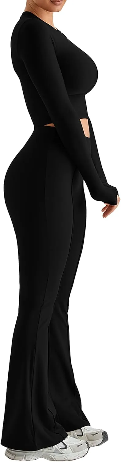 MOOSLOVER Women Seamed Detail Flare Leggings Elastic High Waisted Bell Bottom Bootcut Yoga Casual Pants
