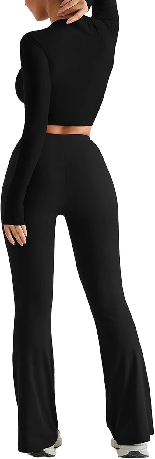 MOOSLOVER Women Seamed Detail Flare Leggings Elastic High Waisted Bell Bottom Bootcut Yoga Casual Pants
