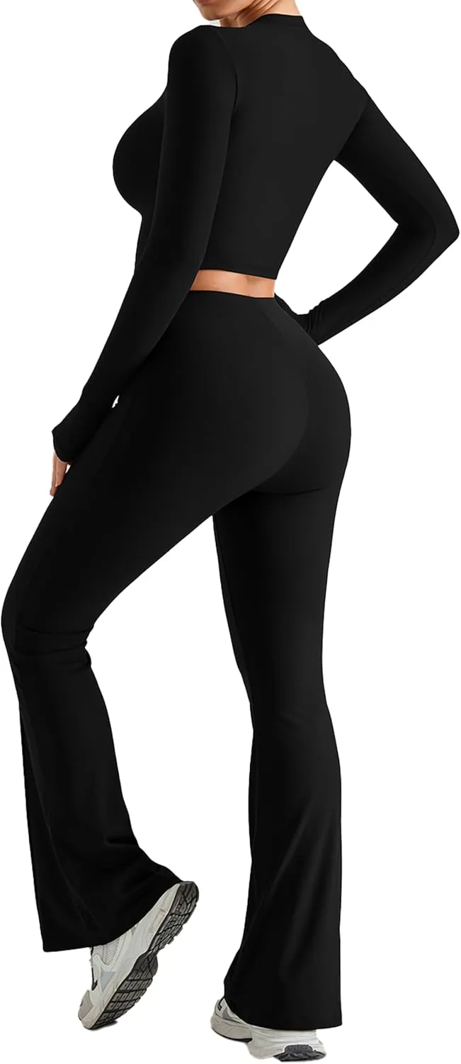 MOOSLOVER Women Seamed Detail Flare Leggings Elastic High Waisted Bell Bottom Bootcut Yoga Casual Pants