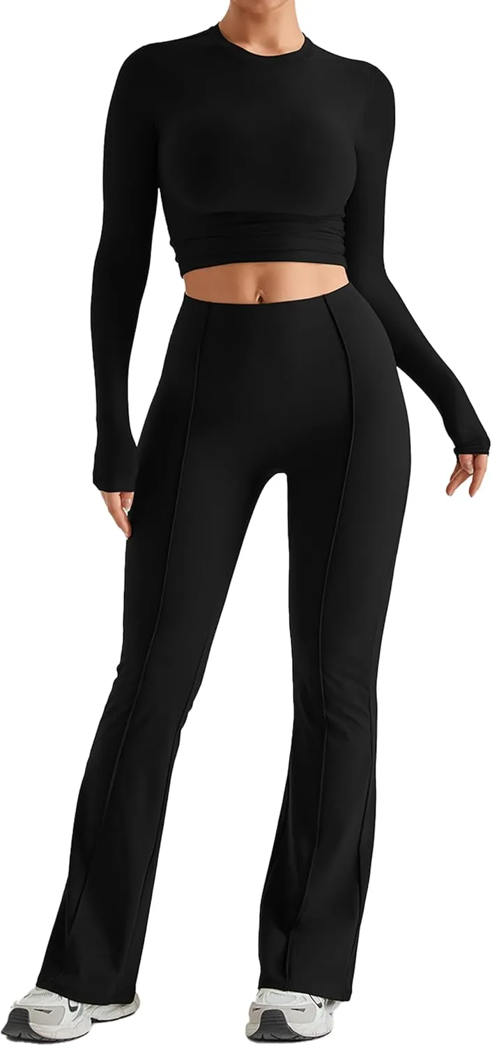 MOOSLOVER Women Seamed Detail Flare Leggings Elastic High Waisted Bell Bottom Bootcut Yoga Casual Pants
