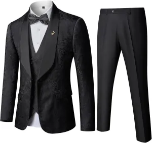 MY'S Men's Floral Suit, 3 Piece Slim Fit Paisley Tuxedo, Jacket Pants Vest with Bow Tie for Wedding Prom Dinner