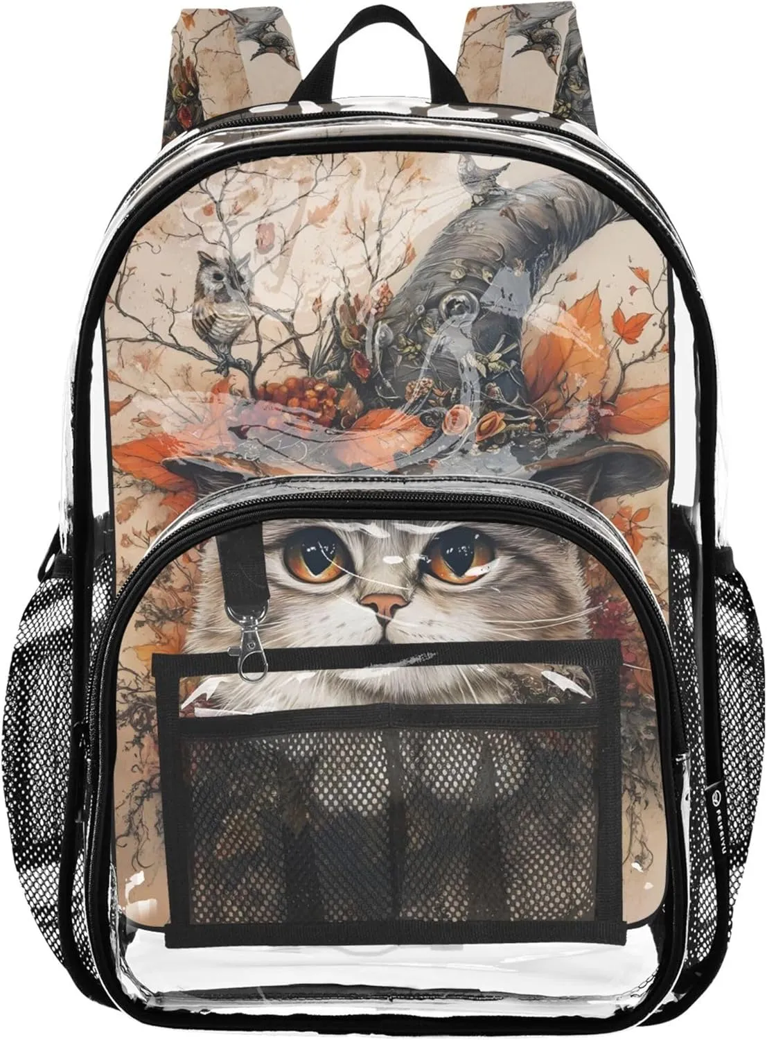 Mystical Cat Witch Hat Autumn Clear Bag for Women Travel Kids Backpack for Girls Large Transparent School