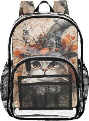 Mystical Cat Witch Hat Autumn Clear Bag for Women Travel Kids Backpack for Girls Large Transparent School