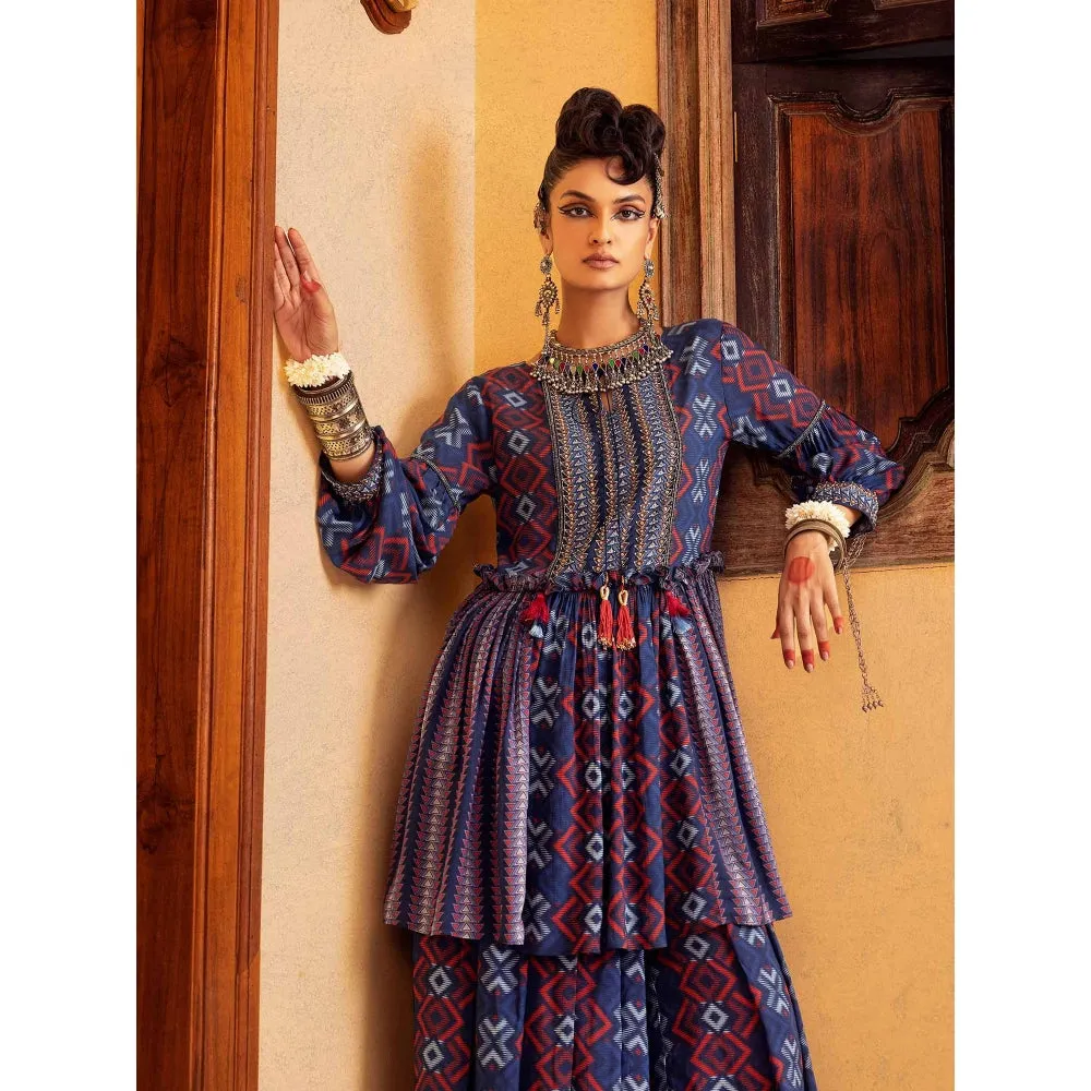 Nadima Saqib Blue Printed and Embroidered Palazzo (Set of 2)