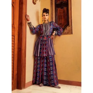 Nadima Saqib Blue Printed and Embroidered Palazzo (Set of 2)