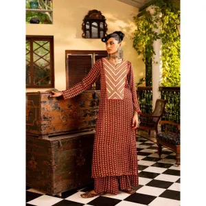 Nadima Saqib Brown Printed and Embroidered Palazzo (Set of 2)