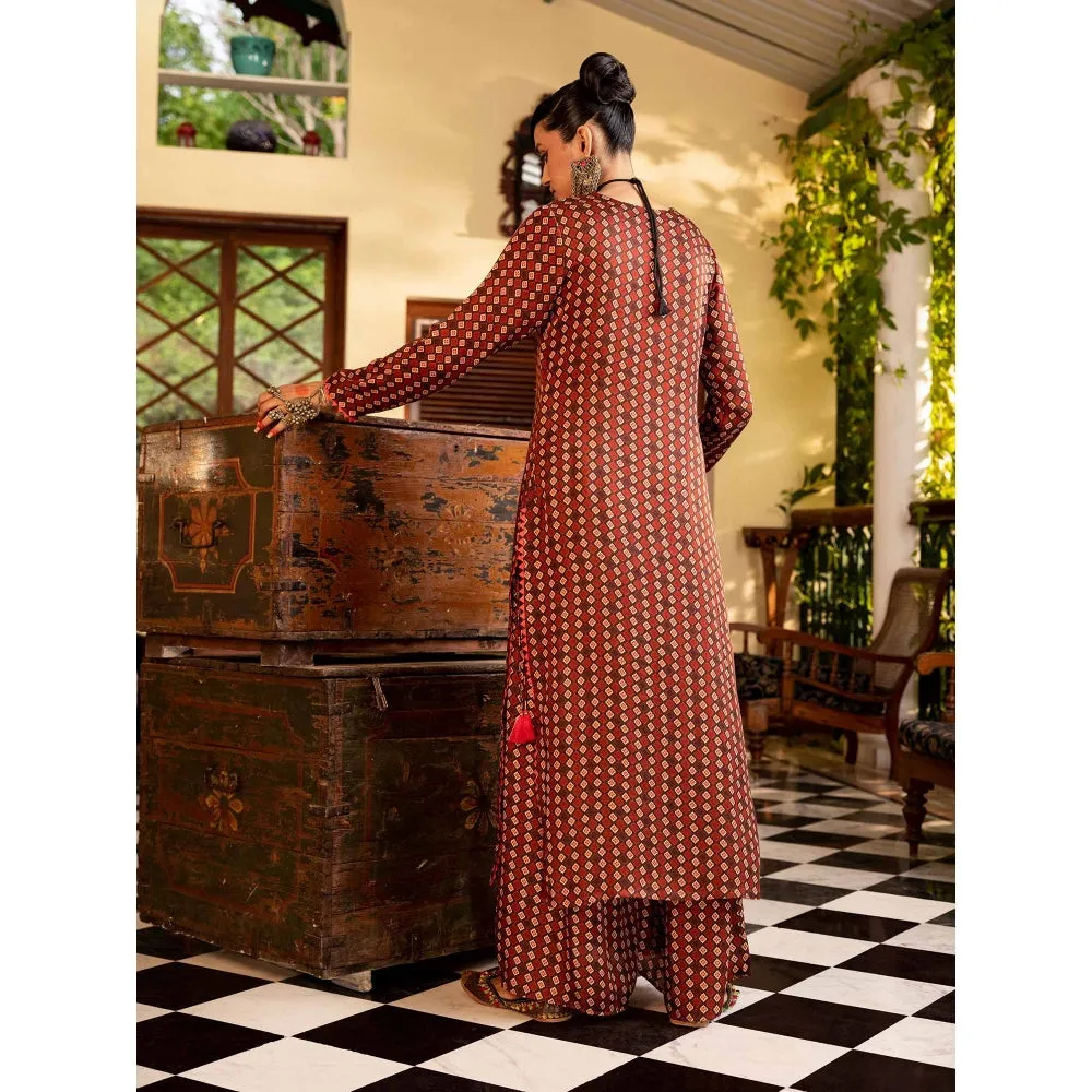 Nadima Saqib Brown Printed and Embroidered Palazzo (Set of 2)