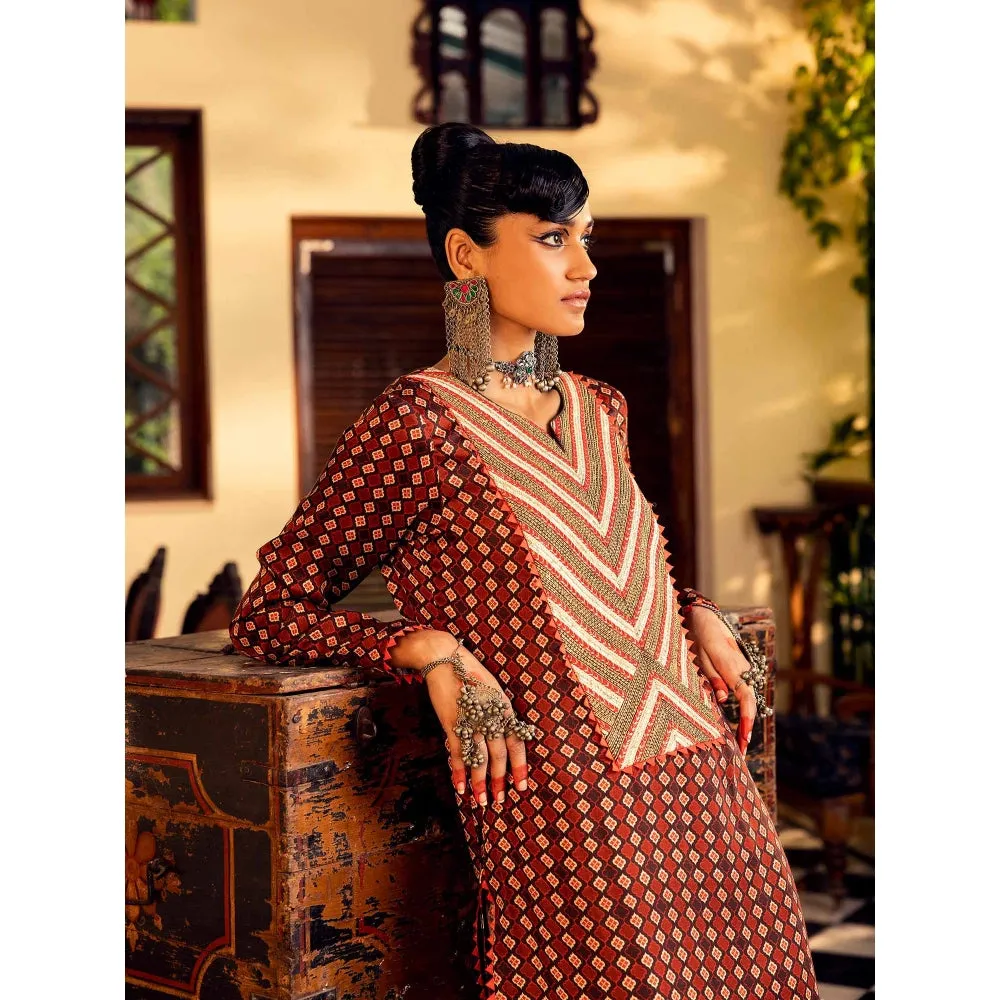 Nadima Saqib Brown Printed and Embroidered Palazzo (Set of 2)