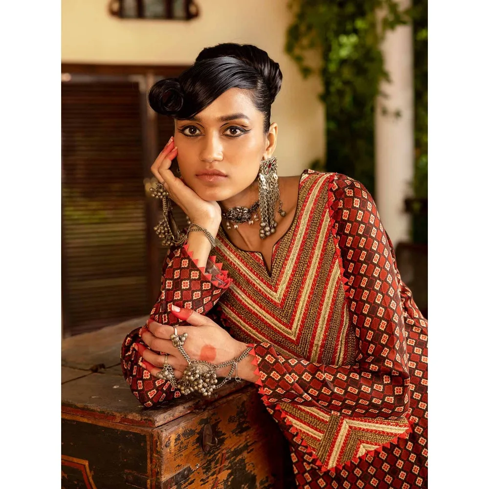Nadima Saqib Brown Printed and Embroidered Palazzo (Set of 2)