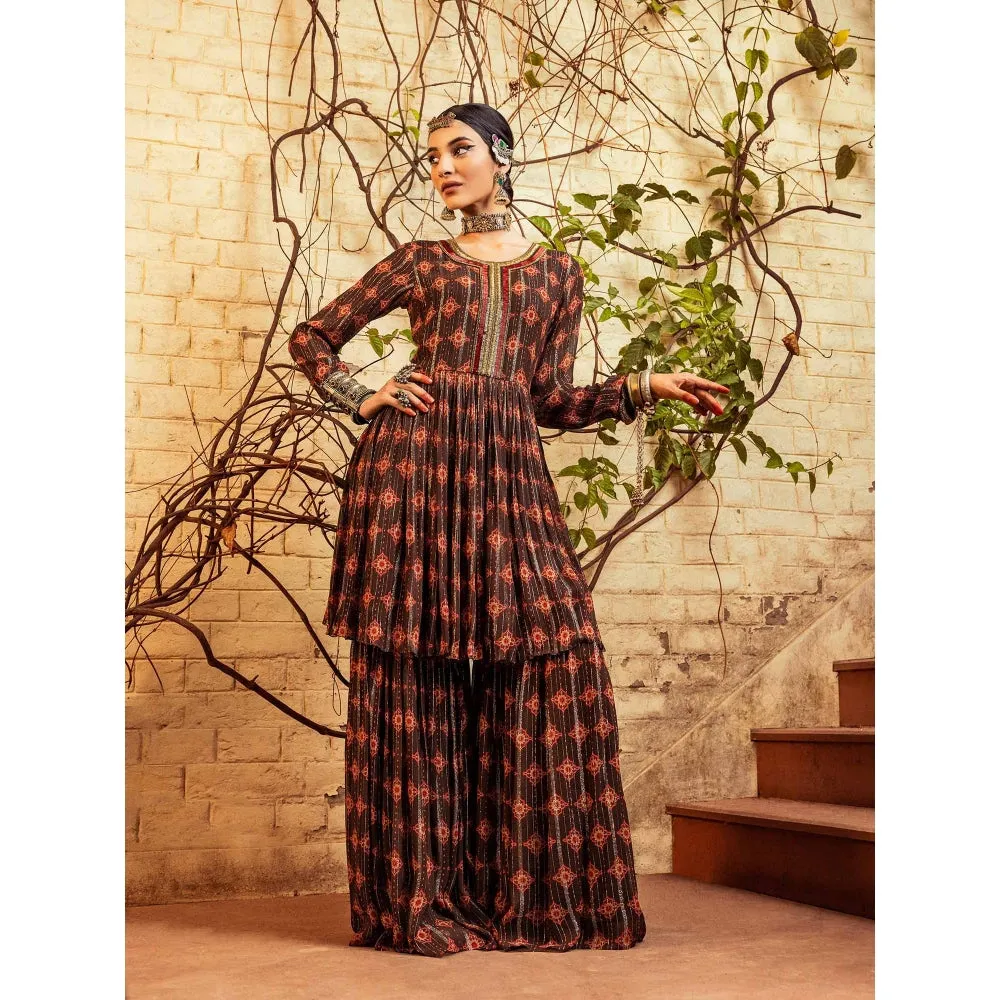 Nadima Saqib Brown Printed and Embroidered Sharara (Set of 2)