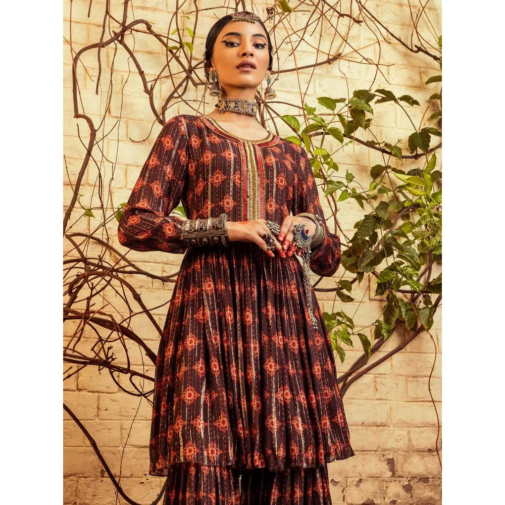 Nadima Saqib Brown Printed and Embroidered Sharara (Set of 2)