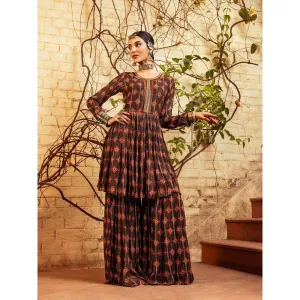 Nadima Saqib Brown Printed and Embroidered Sharara (Set of 2)