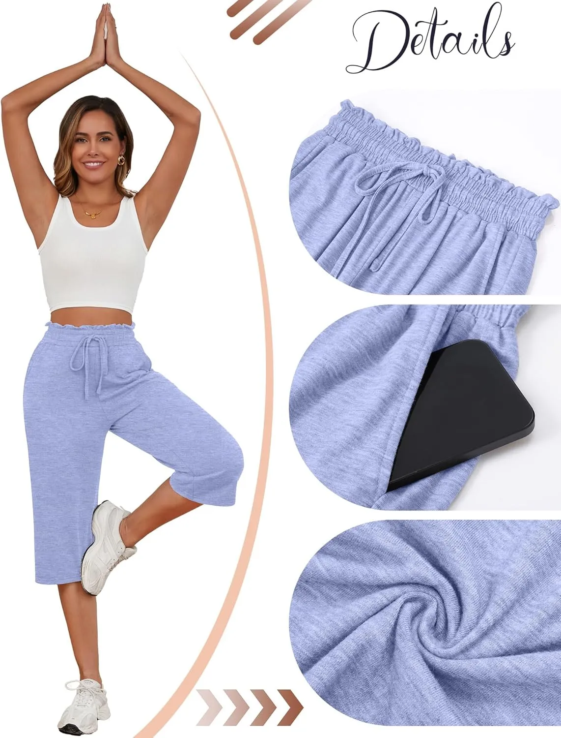 Neer 3 Pack Capri Pants for Women Cotton High Waisted Wide Leg Cropped Trousers Drawstring Ruffled Palazzo with Pockets