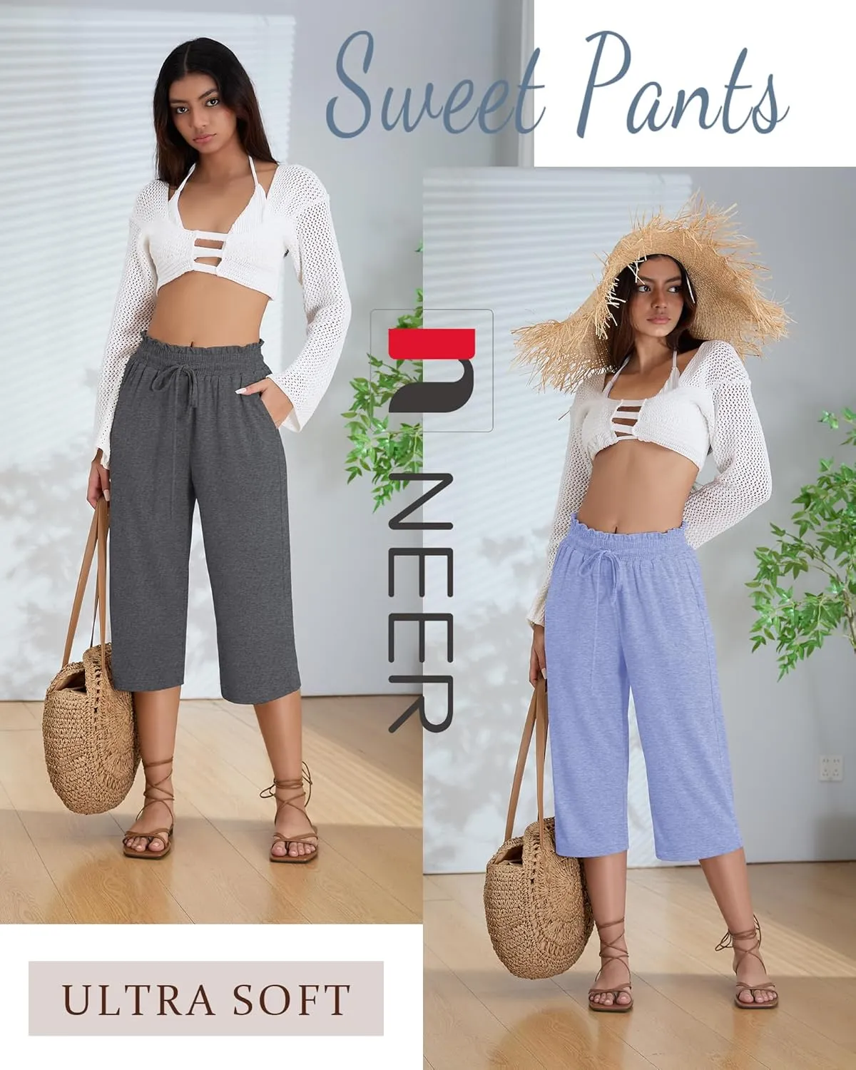 Neer 3 Pack Capri Pants for Women Cotton High Waisted Wide Leg Cropped Trousers Drawstring Ruffled Palazzo with Pockets