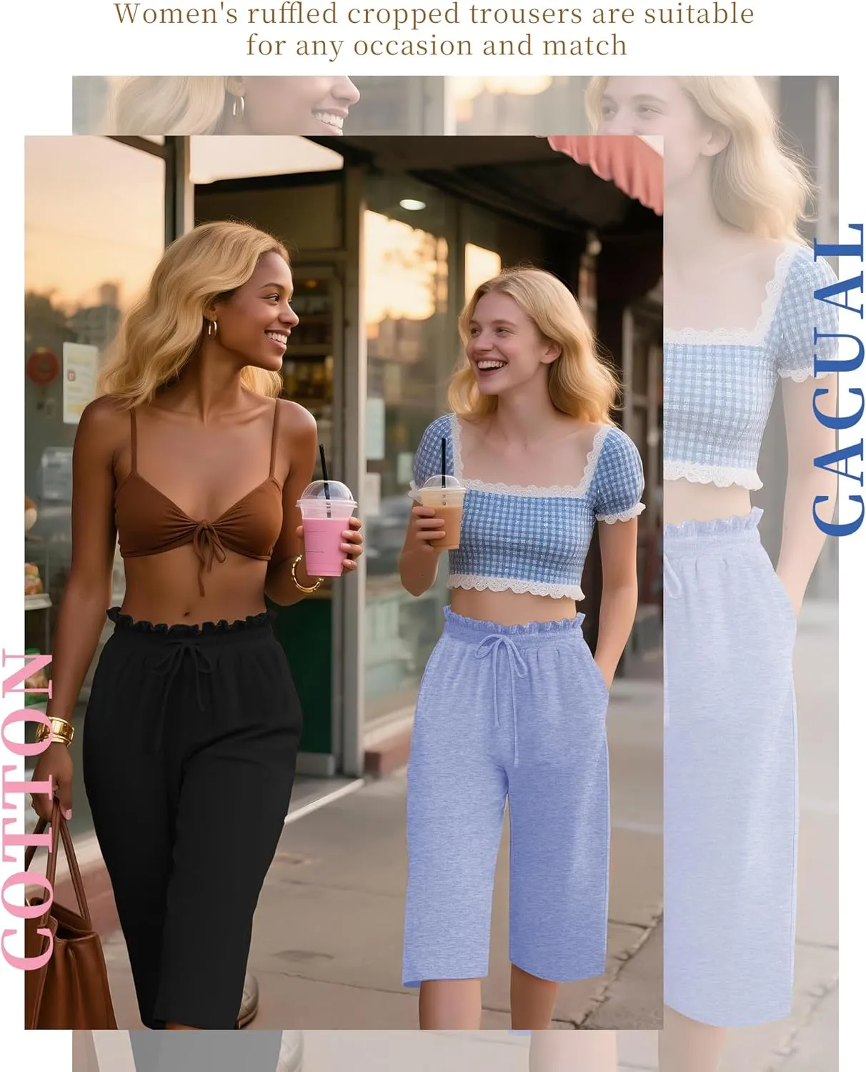 Neer 3 Pack Capri Pants for Women Cotton High Waisted Wide Leg Cropped Trousers Drawstring Ruffled Palazzo with Pockets