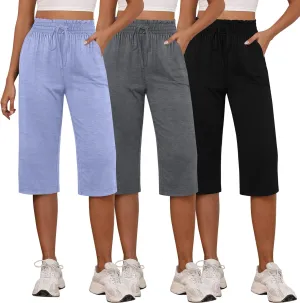 Neer 3 Pack Capri Pants for Women Cotton High Waisted Wide Leg Cropped Trousers Drawstring Ruffled Palazzo with Pockets