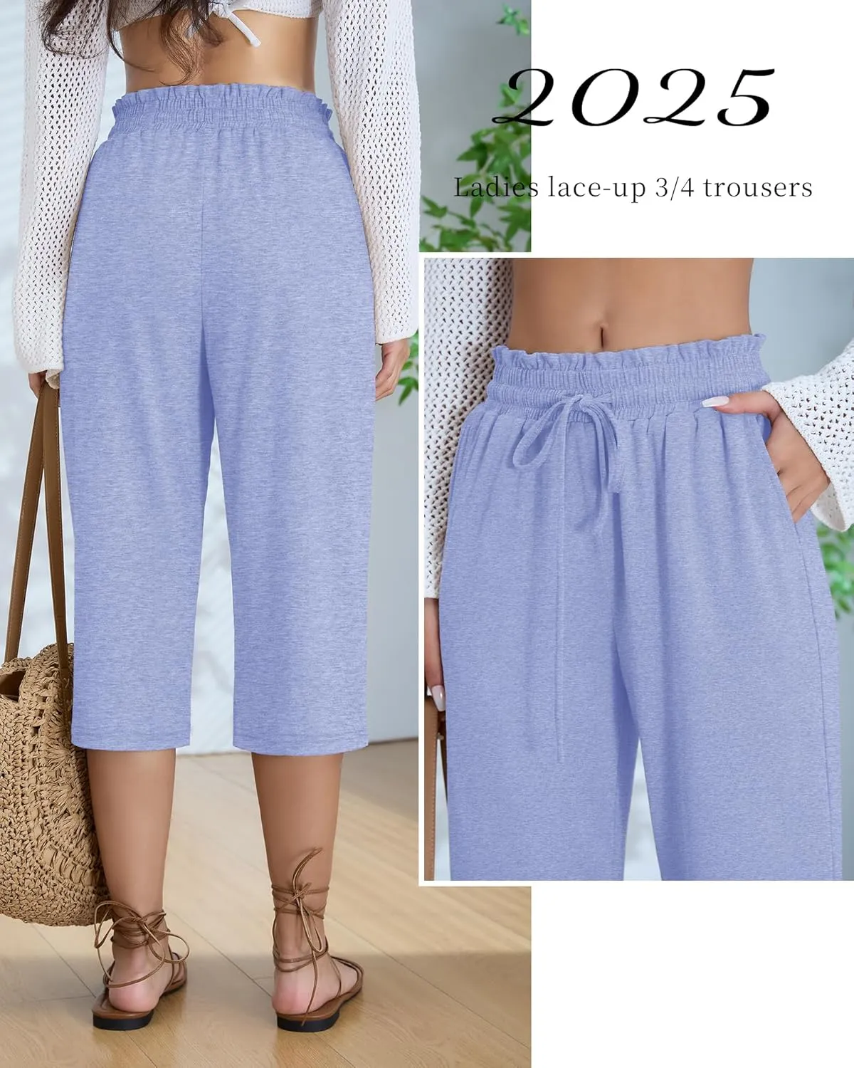 Neer 3 Pack Capri Pants for Women Cotton High Waisted Wide Leg Cropped Trousers Drawstring Ruffled Palazzo with Pockets
