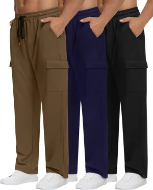 Neer 3 Pack Men's Cargo Sweatpants Baggy Open Bottom Straight Leg Drawstring Joggers Casual Lounge Pants with Pockets