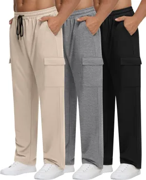 Neer 3 Pack Men's Cargo Sweatpants Baggy Open Bottom Straight Leg Drawstring Joggers Casual Lounge Pants with Pockets