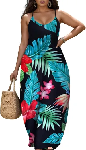 Nhicdns Women's Summer Plus Size Hawaiian Dresses Tie Dye Spaghetti Strap Maxi Dress Beach Boho Casual Sundress
