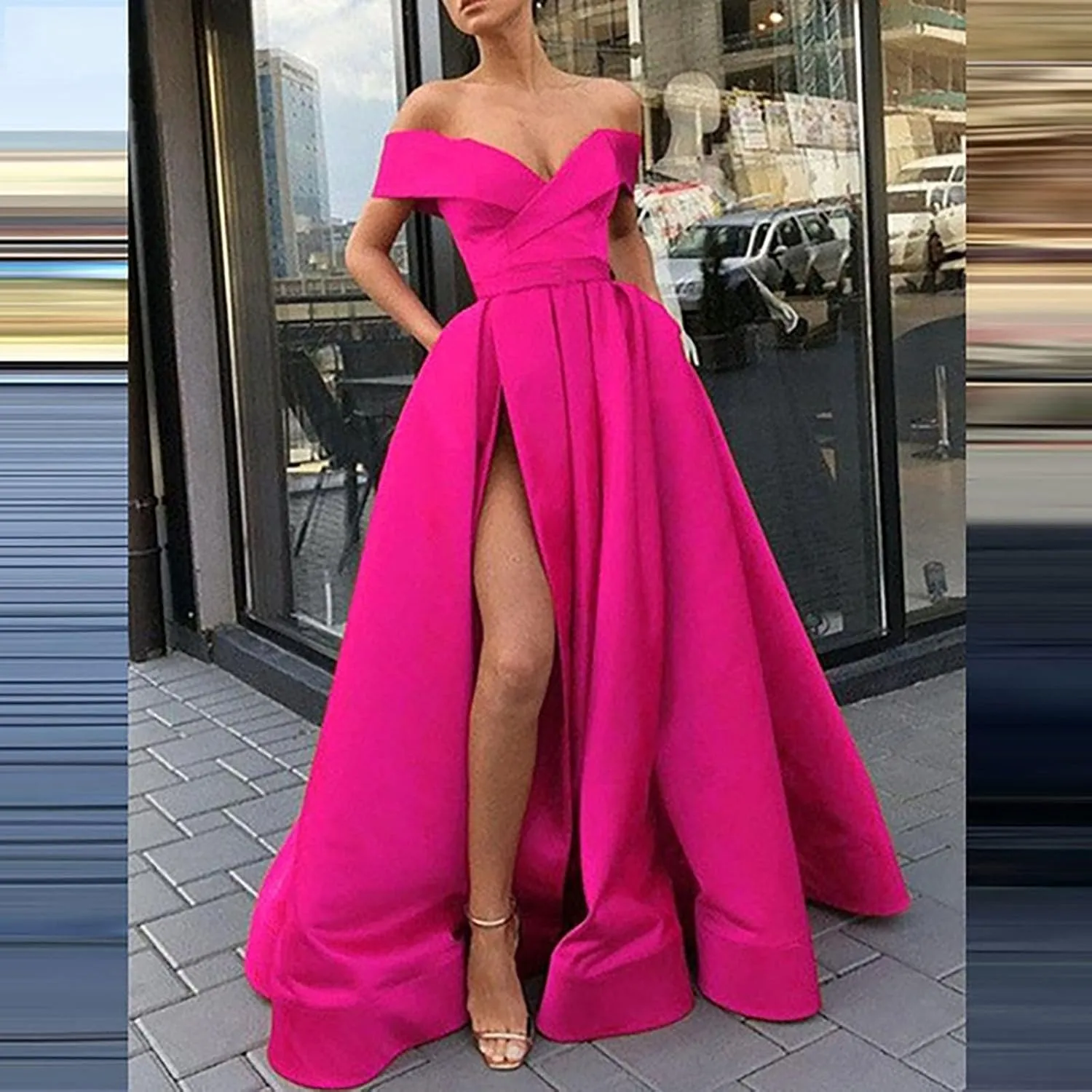 Off Shoulder Long Slit Prom Dresses for Women A-Line Backless Satin Formal Evening Party Gown with Pockets