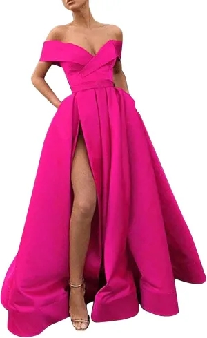 Off Shoulder Long Slit Prom Dresses for Women A-Line Backless Satin Formal Evening Party Gown with Pockets