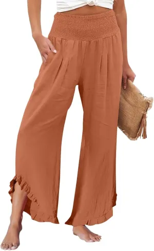 Palazzo Cotton Linen Pants Women Casual Smocked Waisted Ruffle Hem Wide Leg Pants Summer Loose Beach Pant with Pockets