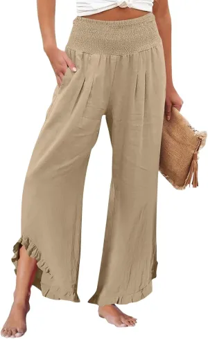 Palazzo Cotton Linen Pants Women Smocked High Waist Ruffle Hem Wide Leg Pants Loose Summer Beach Trousers with Pockets