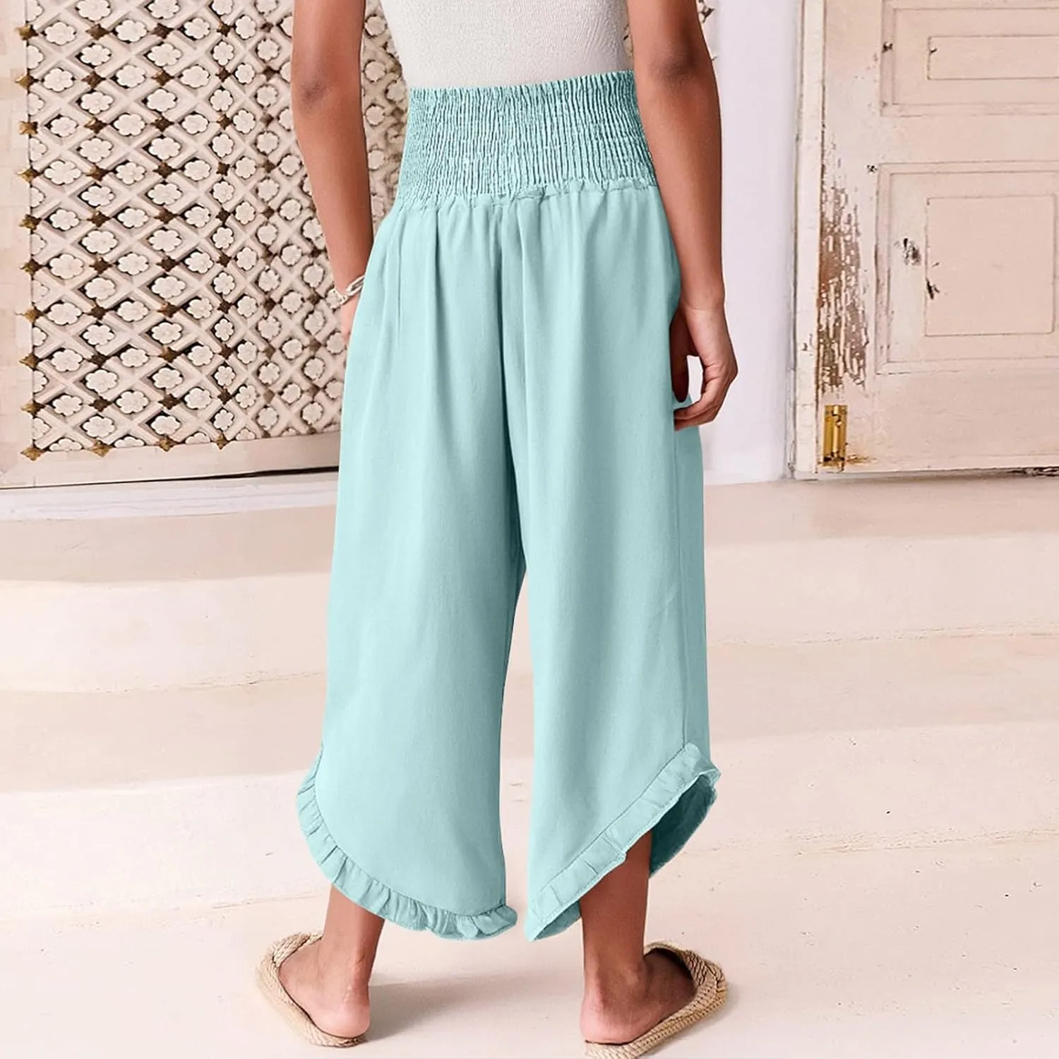 Palazzo Cotton Linen Pants Women Smocked High Waist Ruffle Hem Wide Leg Pants Loose Summer Beach Trousers with Pockets
