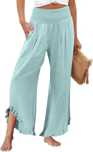 Palazzo Cotton Linen Pants Women Smocked High Waist Ruffle Hem Wide Leg Pants Loose Summer Beach Trousers with Pockets