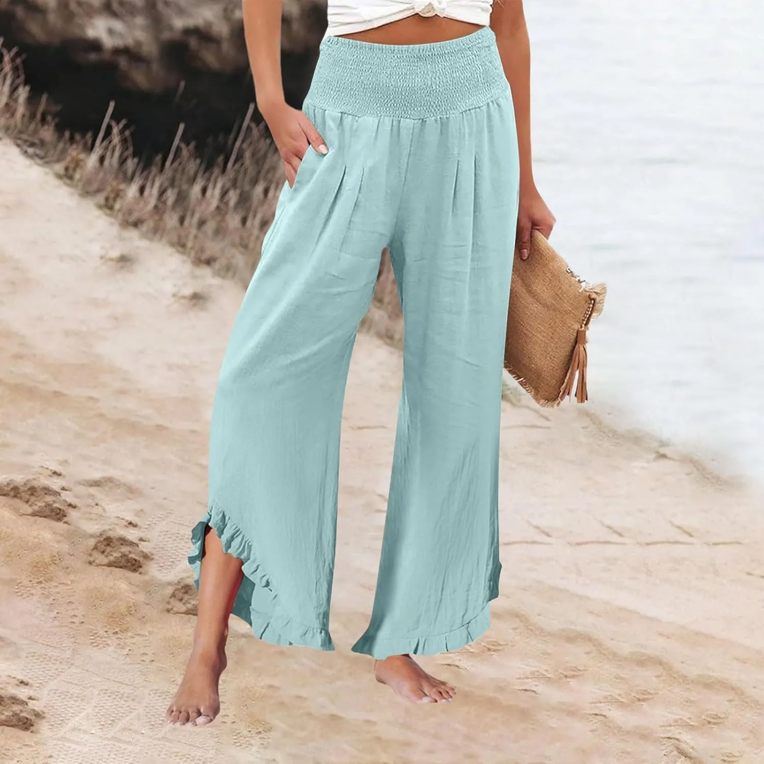 Palazzo Cotton Linen Pants Women Smocked High Waist Ruffle Hem Wide Leg Pants Loose Summer Beach Trousers with Pockets