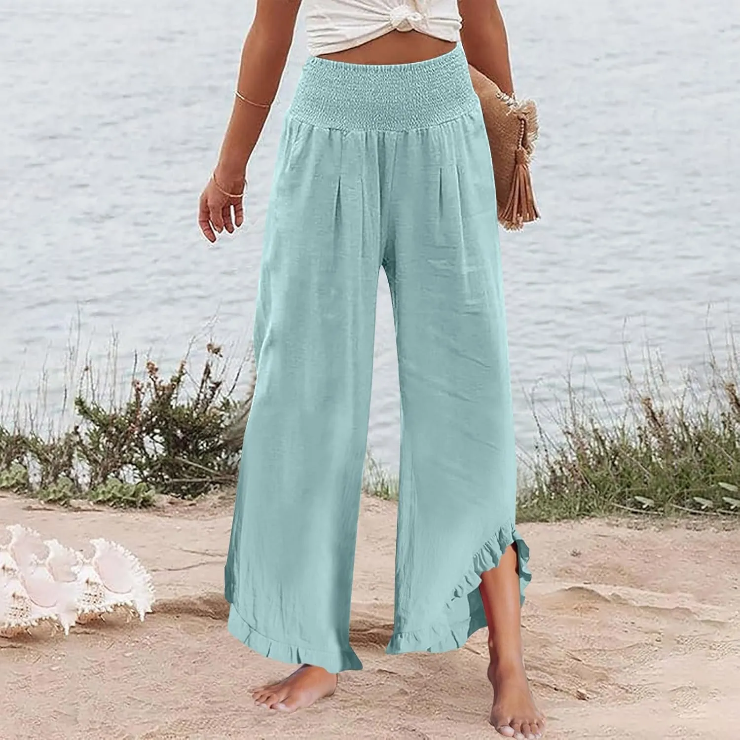 Palazzo Cotton Linen Pants Women Smocked High Waist Ruffle Hem Wide Leg Pants Loose Summer Beach Trousers with Pockets