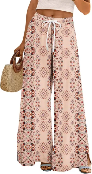 Palazzo Pants for Women Casual Boho Wide Leg Elastic High Waist Adjustable Knot Flowy Pants with Pockets