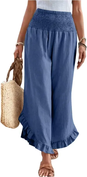 Palazzo Pants Women Casual Summer Smocked Waisted Linen Pants Trendy Ruffle Hem Wide Leg Trousers Loose Fit Beach Pant