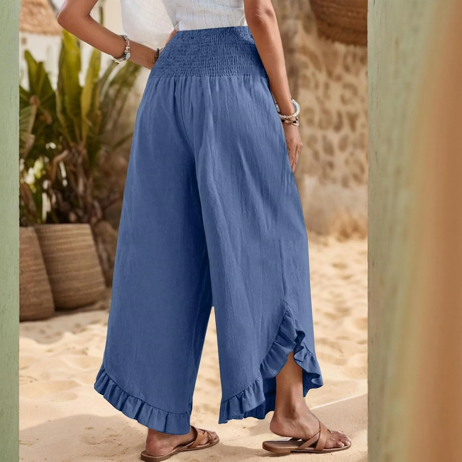 Palazzo Pants Women Casual Summer Smocked Waisted Linen Pants Trendy Ruffle Hem Wide Leg Trousers Loose Fit Beach Pant